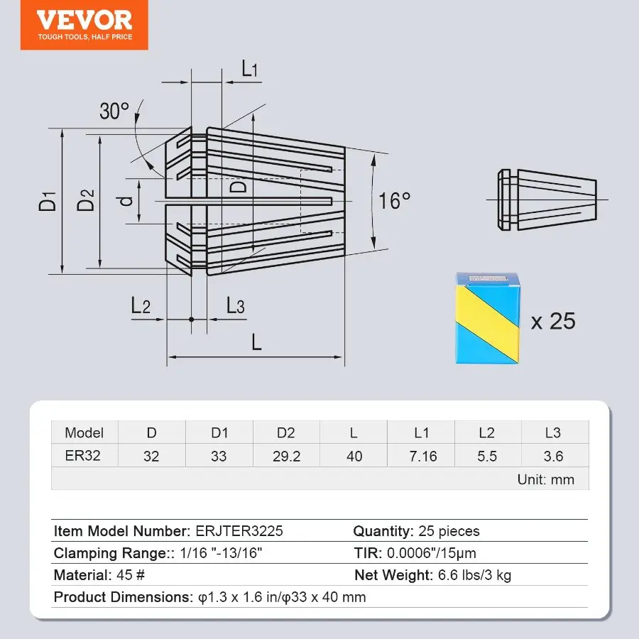 VEVOR 25 pcs ER32 Collet Set, 1/16'' - 13/16'', ER32 Spring Collet ...