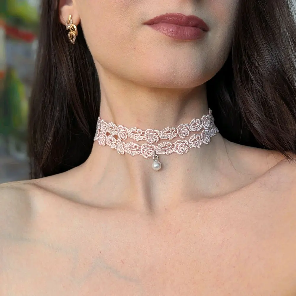 Pale Pink Roses Layered Lace Choker Necklace with Pearl Pendant