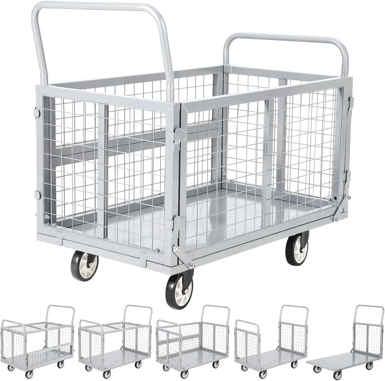6-in-1 Heavy Duty Folding Platform Truck Cart with Removable Cage – 2000 lbs Capacity, Flatbed Utility Dolly with Basket, 39x24x24 in, 5-inch Wheels,  for Warehouse & Material