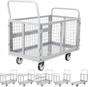 6-in-1 Heavy Duty Folding Platform Truck Cart with Removable Cage – 2000 lbs Capacity, Flatbed Utility Dolly with Basket, 39x24x24 in, 5-inch Wheels,  for Warehouse & Material