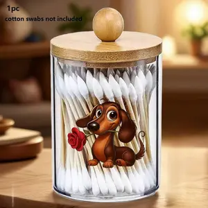 Adorable Dog Patterned Cotton Swab Holder, Small Plastic Jar with Lid, Bathroom Organization & Storage, Decorative Container