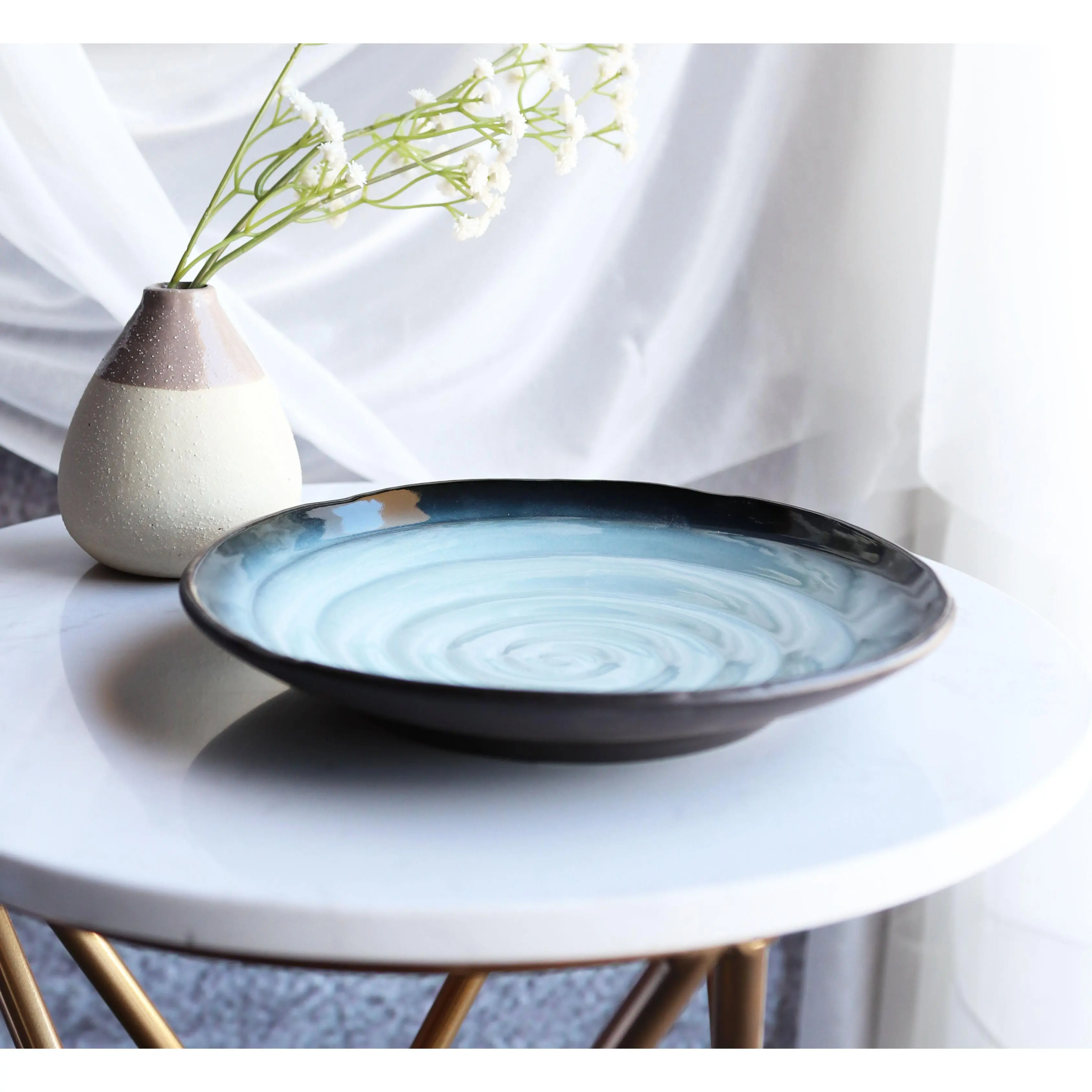Pack Of 5 Ceramic Zen Blue Lunch Salad Appetizer Deep Plates Or Shallow Bowls