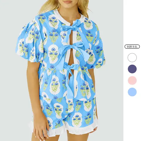Imily Bela Womens Floral 2 Piece Short Sets Summer Vacation Outfits Puff Sleeve Babydoll Blouse Ruffle Shorts Matching Set
