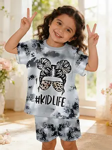 Ink wash gradient trendy casual baby girls outfit, digitally printed 100% polyester short sleeve clothing set for infants and toddlers. Cute casual clothes for baby girls, suitable for daily wear and outdoor sports tees, an ideal gift for little kids.