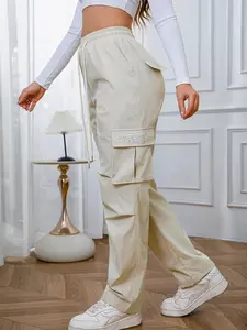 Women's Drawstring Waist Belted Pocket Embroidered Work Pants, Stylish Casual Wear, Comfortable and Practical Design