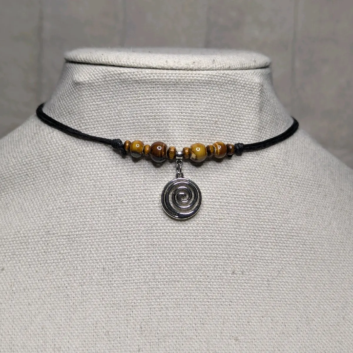 Ceramic Beaded Spiral Charm Boho Hippie Whimsical Adjustable Black Rope Cord Choker Stacking Necklace jewelry