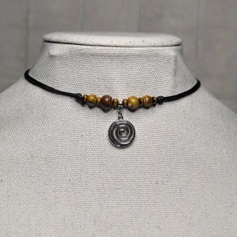 Ceramic Beaded Spiral Charm Boho Hippie Whimsical Adjustable Black Rope Cord Choker Stacking Necklace jewelry
