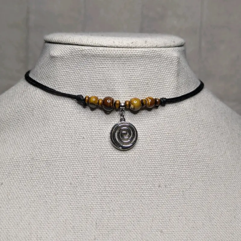 Ceramic Beaded Spiral Charm Boho Hippie Whimsical Adjustable Black Rope Cord Choker Stacking Necklace jewelry