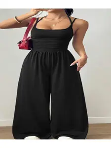 Women's 2-Piece Spring Summer Casual Adjustable Spaghetti Strap Sleeveless Loose Wide Leg Jumpsuit, Flowy Wrinkled Design for Comfort and Style