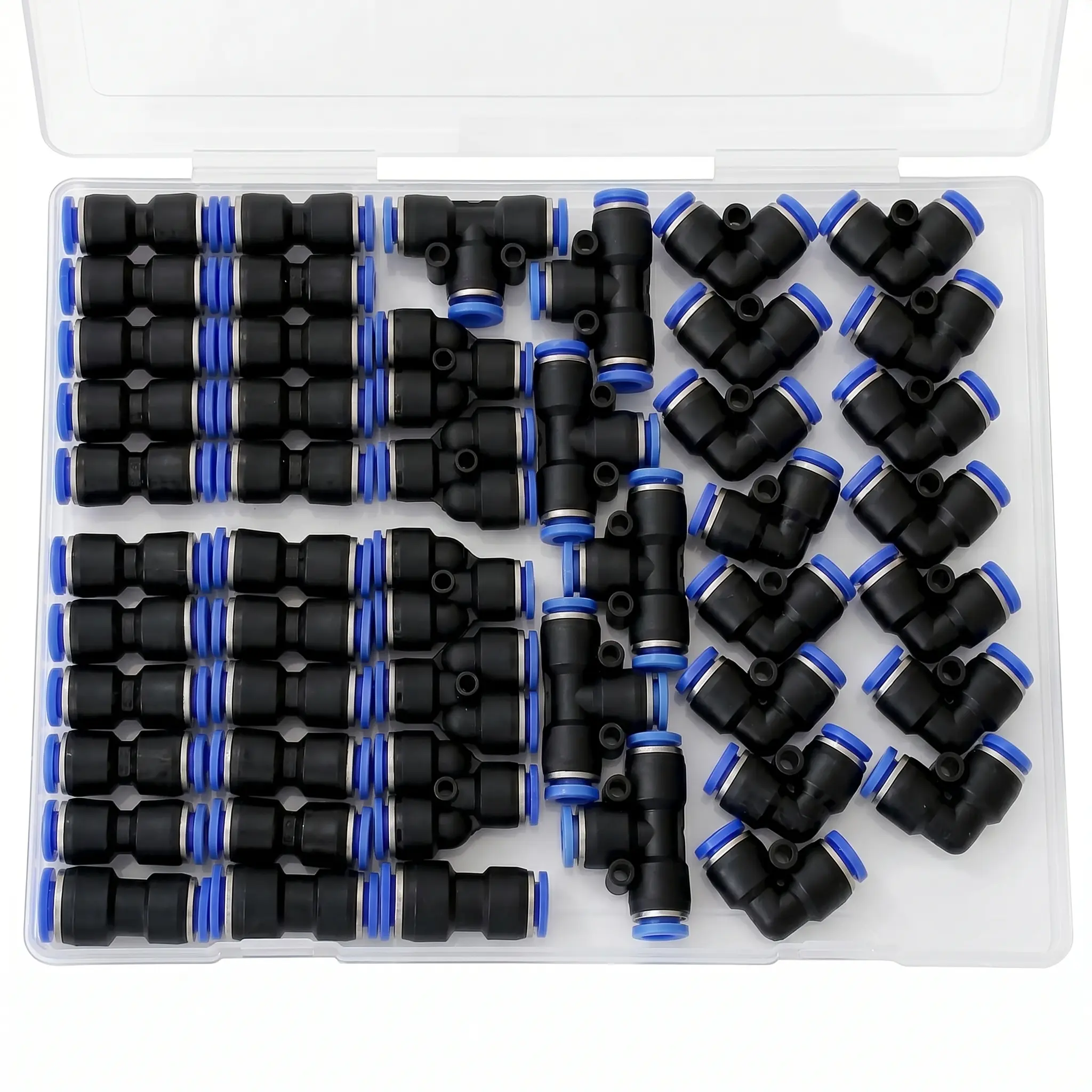 50 Pieces Quick-Connect Air Hose Pipe Fittings Kit, Universal Thread Leak-Resistant Fittings, 1/4 Inch OD Push to Connect Fittings Pneumatic Fittings, 20 Straight+15 Elbows+6 tee+6 Spliters+3 Reducer Union