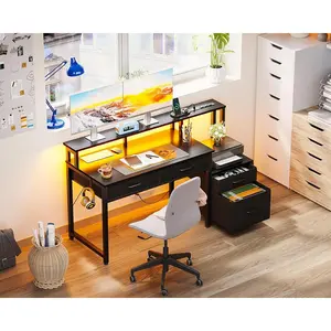 AODK Computer Desk with 4 Drawers, 48 Inch Office Desk with Printer Shelf & Power Outlet, Reversible Desk with Led Lights & Monitor Stand, Work Table for Home Office, Black