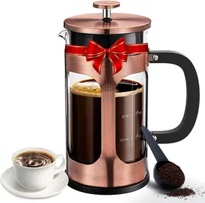 BOMPOW 34 Ounce 1 Liter French Press Coffee Maker, Glass Classic Copper Stainless Steel Coffee Press, Cold Brew Heat Resistant Thickened Borosilicate Coffee Pot for Camping Travel Gifts