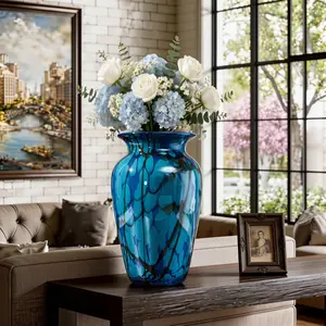 Hand-blown Peacock Blue Feather Textured Colored Glass Table Vase with Glazed Wide Mouth for Bud Flower Decor Modern Teal Home Centerpieces Ideal for Living Room Kitchen Wedding Dining Table Office Center Table
