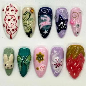 10pcs Almond Shape Nail Tips, Fun Design with Rabbit, Butterfly, Strawberry, Star, Glossy Fake Nails, Reusable, Includes Jelly Glue & File