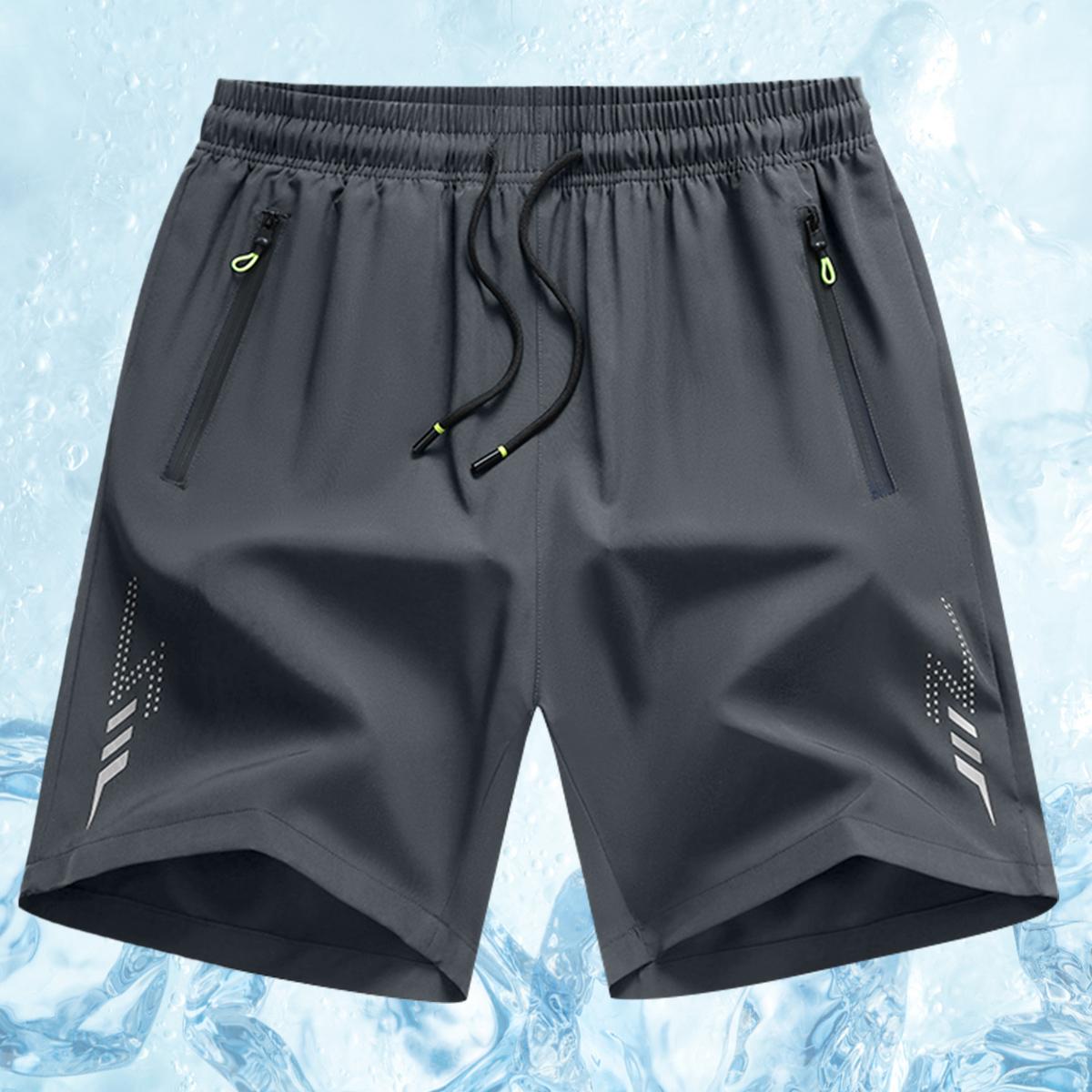 Pack of 4 men’s plus-size athletic shorts, loose fit, comfortable sports fabric, zippered pockets, solid color, slight stretch—ideal for night running, casual wear, beach trips, everyday commuting, and plus-size workwear.