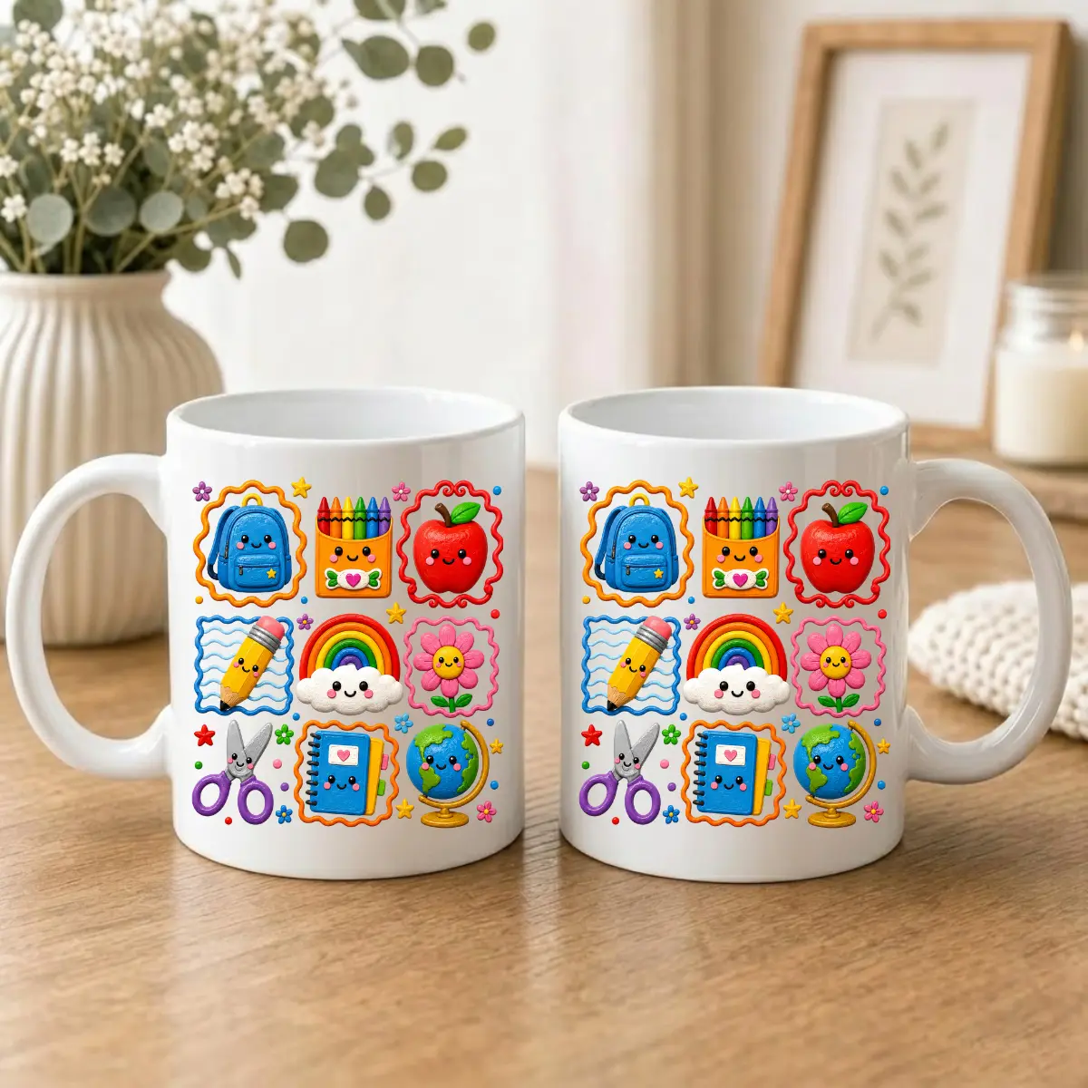 Cute 3D Clay Back To School Supplies Ceramic Coffee Mug, Cute Dough Clay School Supplies Mug, Colorful 3D Clay Art Pencil Apple Teacher Ceramic Mug, Double Sided Print Mug, Teacher Student School Gift For Men And Women