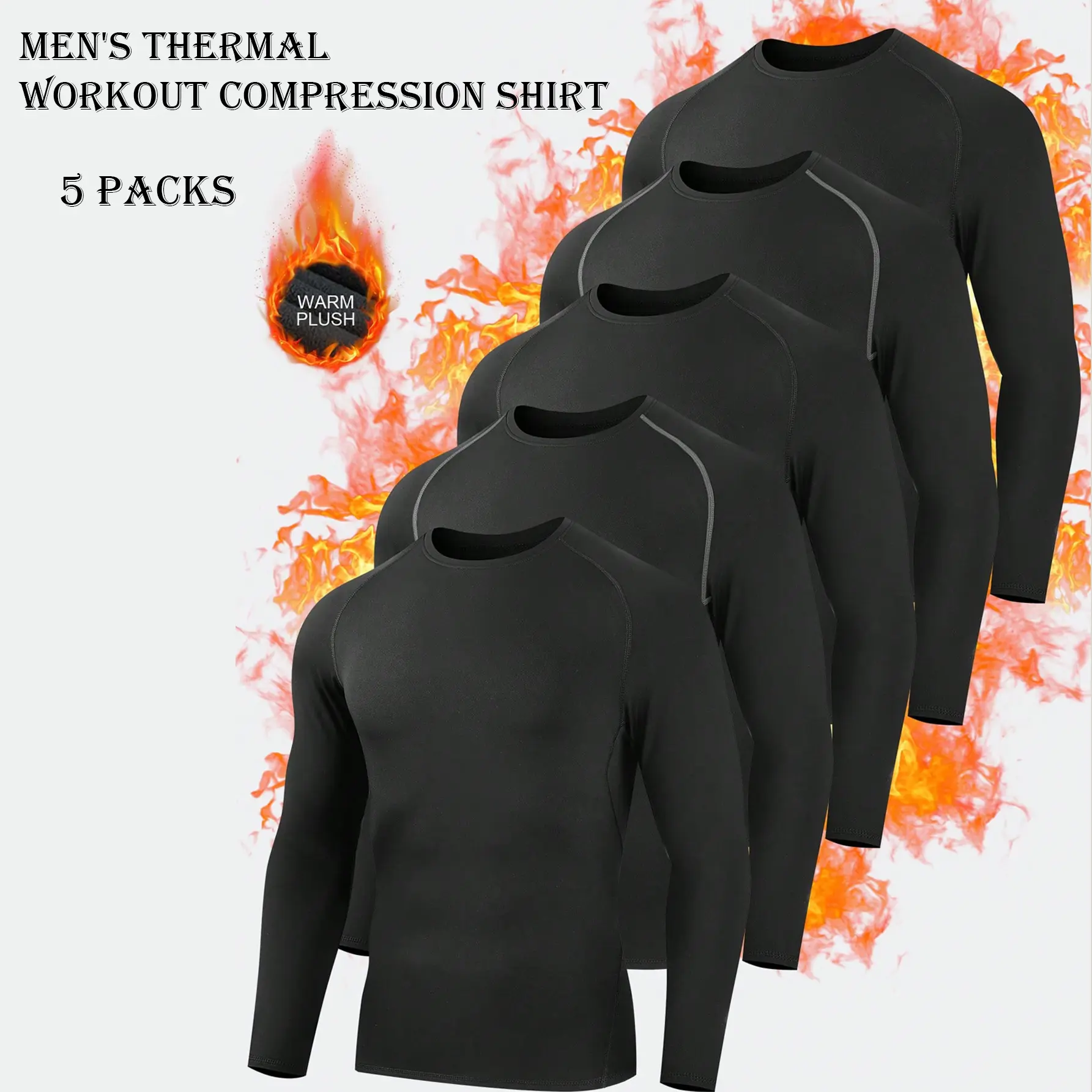 5 Pack Men's Thermal Compression Shirts Workout Long Sleeve Tops Fleece Lined Long Sleeve Athletic Base Layer Cold Weather Gear Workout Tops For Skiing Cycling Football Sports High Performance Activewear summerwins