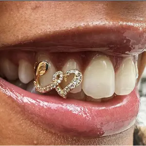 European and American Double Heart Copper Micro-Faceted Zircon Hip-Hop Teeth Grills Customized Trendy Dental Accessories