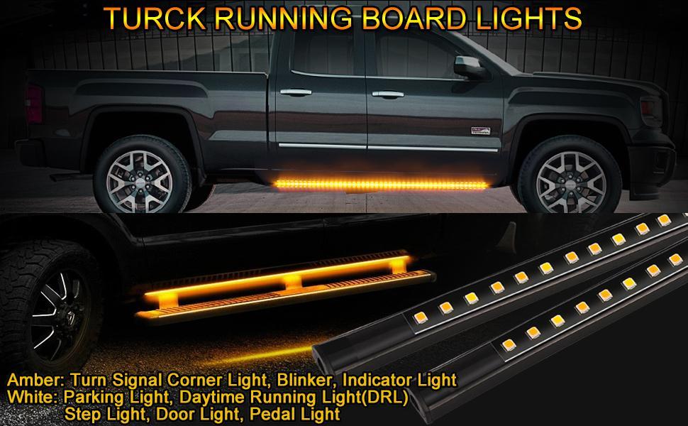 DIBMS 2 Pack 70 Inch 144 LED Sequential Amber & White Running Board Lights, Waterproof Strip for Truck DRL, Universal Fit,Universal Pickup Pedal Running Lights, Streamlight Effect,Double-strip truck side wing light bar