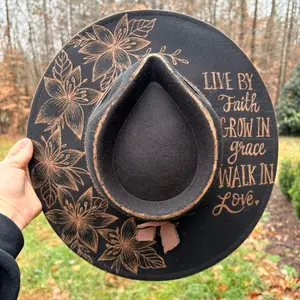 Live By Faith Hand Burned Hat with Floral Design and Inspirational Bible Verse