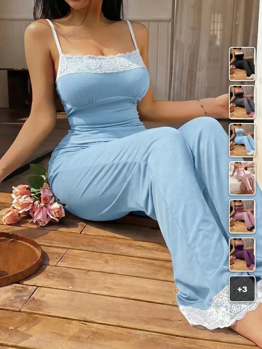 2 Piece Pajama Set Lace Patchwork Camisole Pants Comfy Sleepwear Lounge