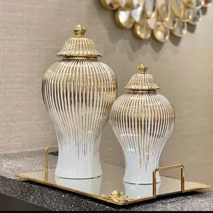 White ginger jar with gold stripes, model Rose