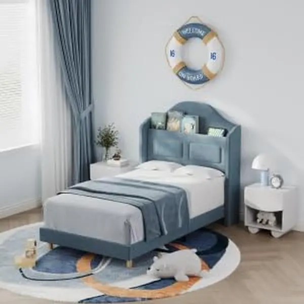 Garvee Low-Profile Cushioned Headboard Twin Bed Frame - 350lb Capacity, LED Lights, Wingback Bookshelf, Bed Frame Storage Solutions, Durable Iron-Plywood-Sponge Build, Noise-Free Platform (Multiple Colors), App-Controlled Led Headboard