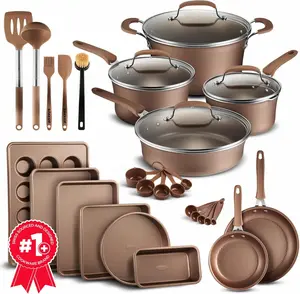 Pots and Pans Set, 23-Piece Non Stick Cookware & Bakeware Sets with Plaid Pattern, Stackable Design, Dishwasher Safe, Stain-resistant, Oven & All-Stove Safe, Tempered Glass Lid, Golden