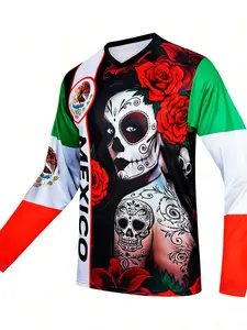 Men's Long Sleeve Off-Road Mexican Sports Shirt, Mountain Bike Sportswear, Downhill and Motorcycle Racing Quick-Dry V-Neck Tee