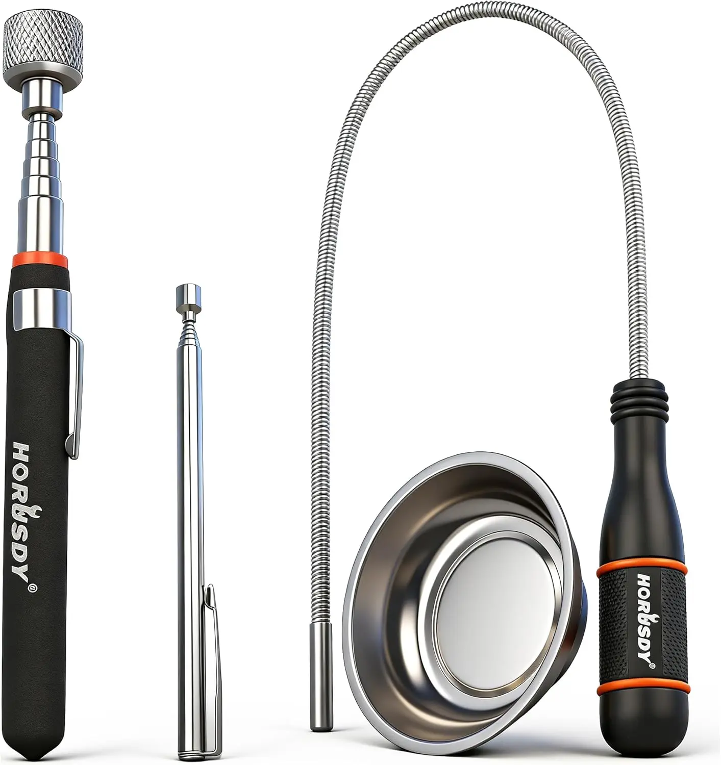 HORUSDY 4-Piece Telescoping Magnetic Pickup Tools Set - Extendable Grip Handle Magnet Stick, Flexible Bendable Inches-Length Spring Tool Kit, Metallic