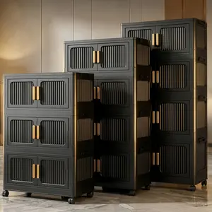 3/4/5 Tier Black Foldable Storage Cabinet with Double Doors & 360° Wheels – Modular Stackable Plastic Organizer with Handles, Tool-Free Assembly Collapsible Rolling Cabinet for Bedroom, Living Room, Kitchen Pantry & Home Organization, Space-Saving Design