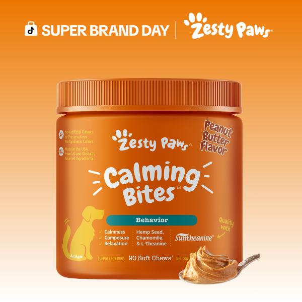 Zesty Paws Calming Bites for Dogs - 90 Soft Chew Treats with Suntheanine & Ashwagandha for Stress Relief & Calm Composure - Ideal for Training Supplements