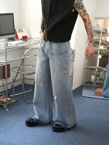 Men's Light Blue Washed Wide Leg Jeans, For Husband, Boyfriend Gifts Going Out Hang Out Party Vacation Street