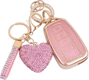 Key Fob Cover with Diamond Keychain Car Key Holder for Toyota 2018-2024 Highlander RAV4 Camry Avalon C-HR Corolla GT86 Smart Key Protector Pink-Heart Design Key Fob Shell