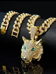 Hip Hop Fashion Wolf Necklace, Viking Tribal Wolf Head Pendant, Iced Out Blingbling Cuban Link Chain, Unisex Punk Style Jewelry Gift