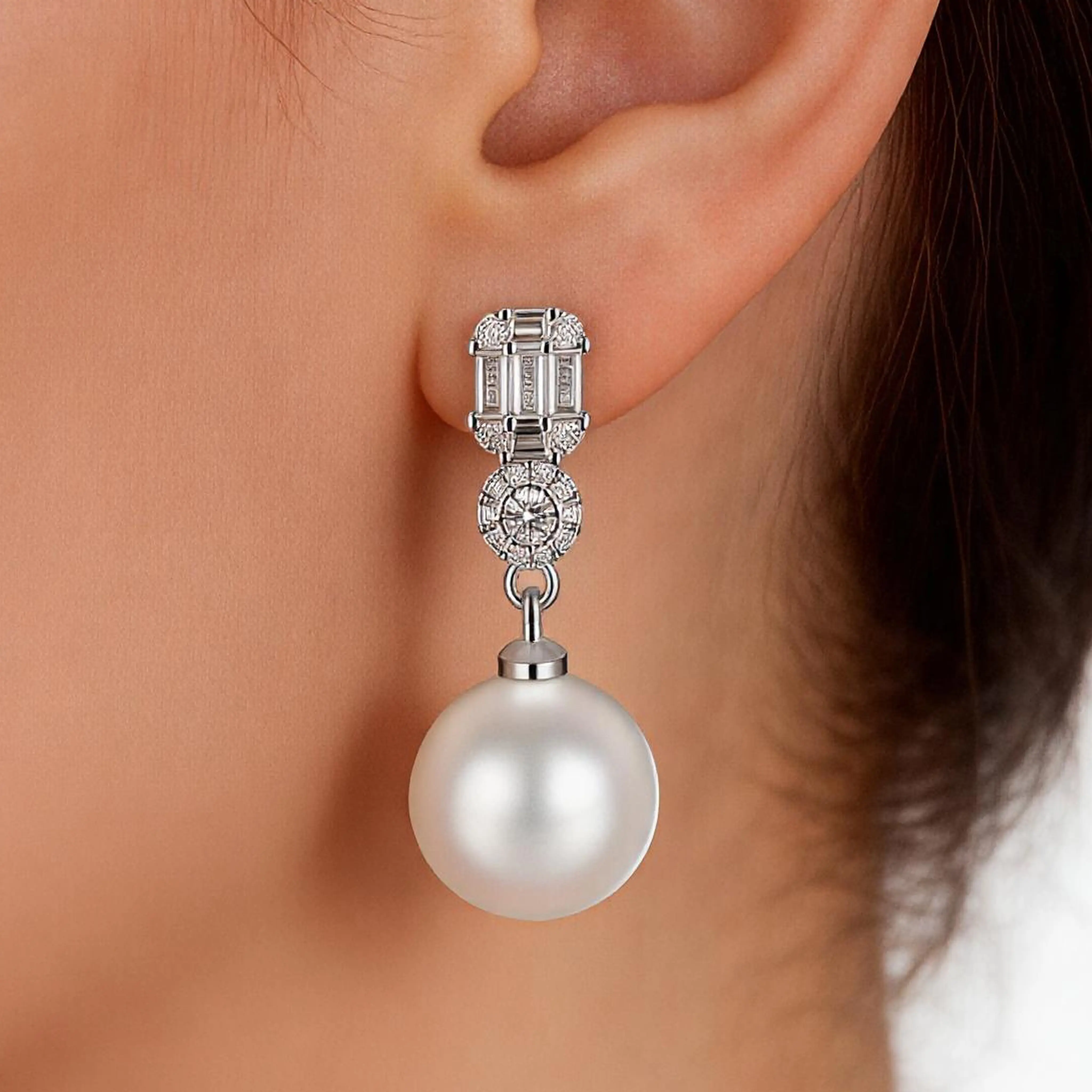 Ladies Large Imitation Pearl Earrings, Silver Zircon Crystal with Teardrop Shaped Pearls, Faith Inspired Jewelry Design, Perfect for Daily Wear and Thoughtful Gift for Her