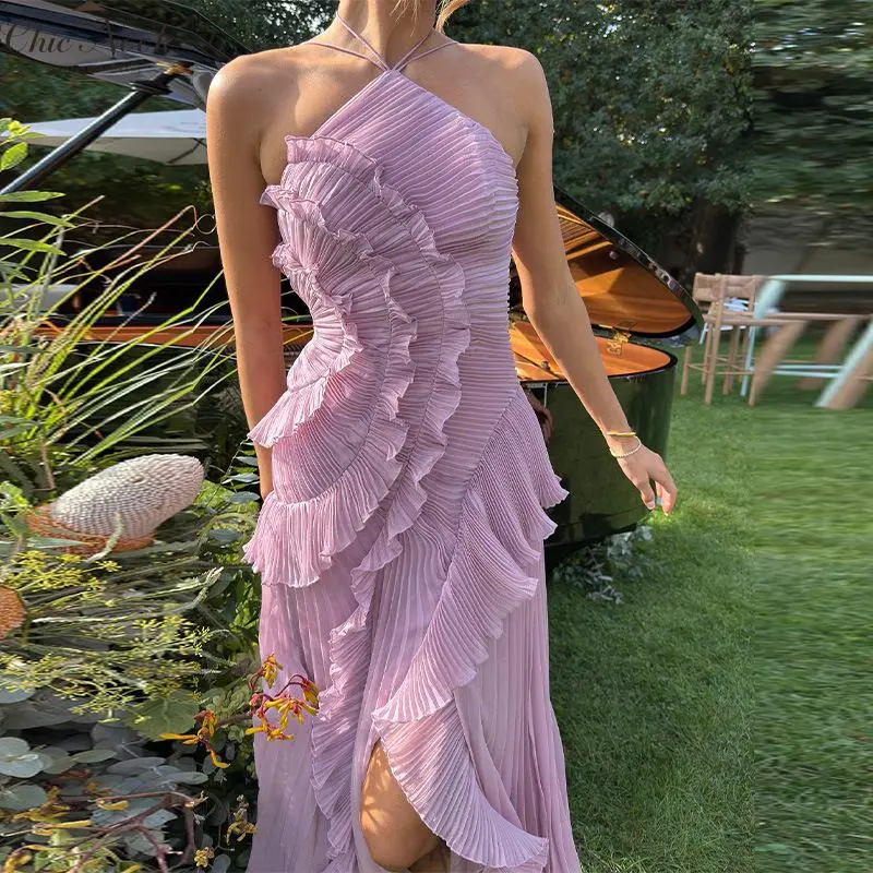 Women's Sexy Ruffle Halter Dress Sleeveless Solid Color Long Flowy Dress Summer A-Line Dress For Wedding And Party - TikTok Shop Women's Sexy Ruffle Halter Dress Sleeveless Solid Color Long Flowy Dress Summer A-Line Dress For Wedding And Party - TikTok Shop