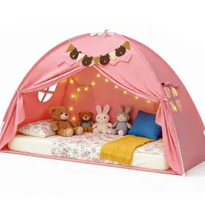Twin Bed Kids Play Tent Indoor or Outdoor, Large Portable Toddler Bed Canopy with Star Lights & Flags, Twin Size Breathable Teepee Tents for Boys Girls Inside Bedroom