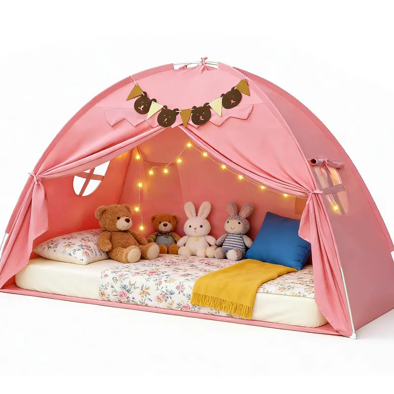 Unisex Polyester Foldable Teepee Play House Tent for 4-6 Yrs Kids - Twin/Bunk Bed Canopy, Indoor Bedroom Playroom Nook, Star Lights, Bear Banner, Travel-Friendly Fiberglass Frame, Storage-Ready Room Decor Kid Girl Gifts (Pink,Blue,Grey,Black)