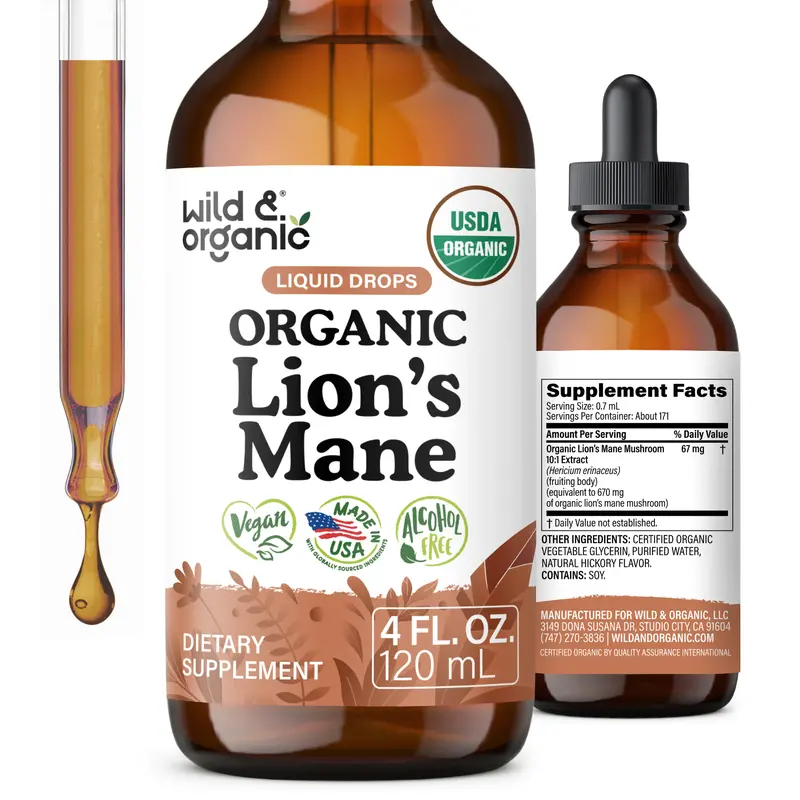 Wild & Organic USDA Organic Lion's Mane Liquid Drops - Mushroom Extract for Brain & Focus Support - Vegan, No Added Sugar & Alcohol-Free