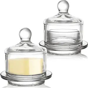 2 Pack Glass Butter Dishes  Small Round Keeper With Dome Lid And Handle Clear Serving Container Cover Crystal Mini Cloche For Candy Dessert Parfait Jam