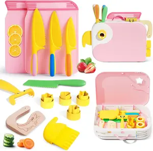 Kids Kitchen Knife Set for Real Cooking with Storage Box Pink, Montessori Kitchen Toy with Cutting Board, Plastic Toddler Knives, Peeler, Wooden Safe Knife for Age 3 4 5 6 7 8