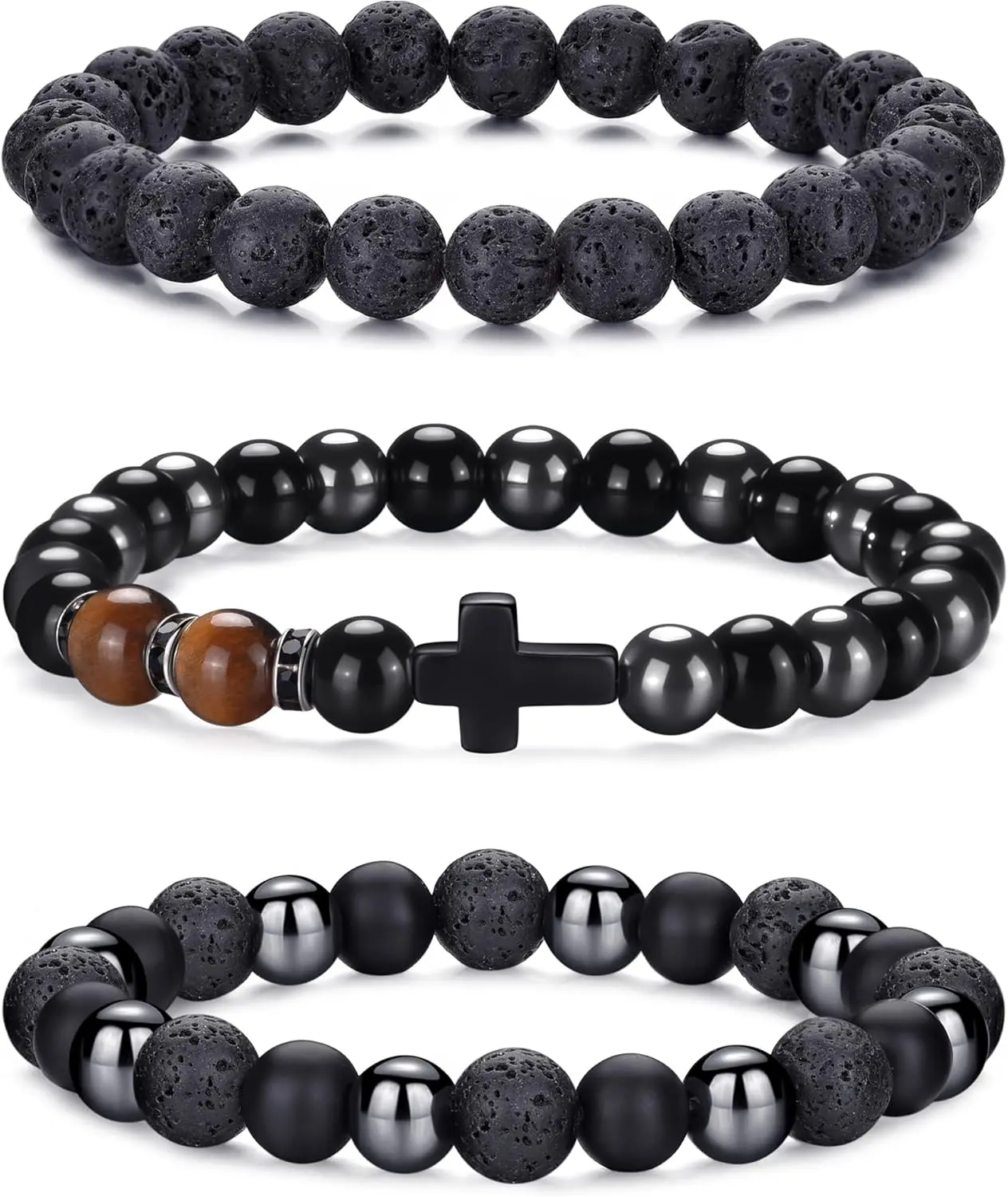 3,Lave beads,Cross,Black bracelet