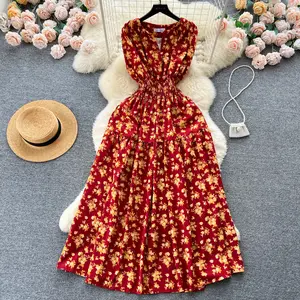 Summer floral sleeveless dress for women, French retro style, mature and elegant, waist-cinching, slimming, super fairy-like, perfect for vacation and beach