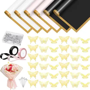 118 count Flower Bouquet Wrapping Paper Kits, 30 Sheets 3 Colors  Floral Wrapping Paper with 36  Butterfly 50 Flower Pins 2 Rolls Ribbon for Wedding Birthday Party