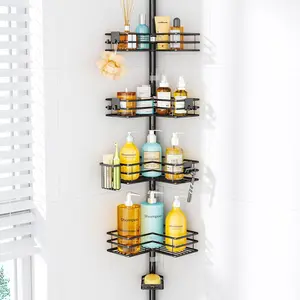 Corner Shower  Organizer - Shower Organizer Corner with Soap Holder,  Holder and 4 Hooks, Rustproof Bathroom Shelf Tension Pole  for 27.6 to 108.3 Inch - Black