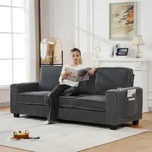 Bellemave 84.25-inch Corduroy Three-Seater Sofa Modern Compact with Beverage Holders & Storage Zone Living Room Study Bedroom Office Furniture