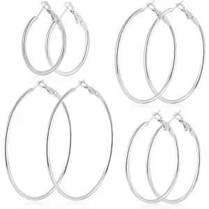 4 Pairs Stainless Steel 30/40/50/60 mm Silver 14K Gold Plated Hoop Earrings for Women Hypoallergenic Big Thin Lightweight Dangle Set