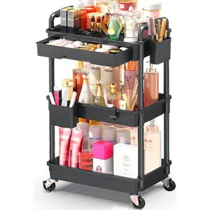 Makeup Cart Organizer with Drawers, Floor Skincare Organizers Vanity Storage Organizer, Rolling Makeup Bathroom Storage Cart Cosmetics Display Cases  Skin Care Perfume Nail Polish, Black