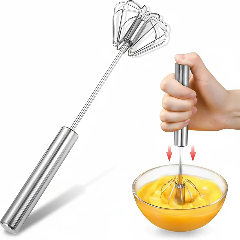 Solid Stainless Steel Semi-Automatic Spinning Whisk - Egg Spinner Kitchen Accessory, Kitchen Gadget That Eases Hand Effort, Enhances Egg Frothing for Beating, Home Cooking Equipment